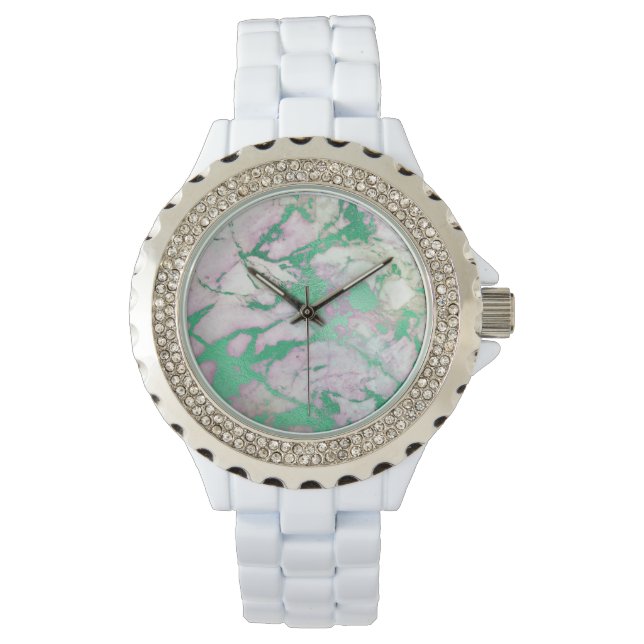 RELÓGIO VERDE LILAC SWIRL MARBLE WHITE SPARKLE BANDA WATCH (Frente)