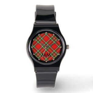 RELÓGIO VERMELHO ESCOTTISH TARTAN, PINK GEMSTONES MONOGRAM