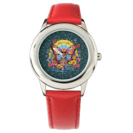 Relógio Vibrant Butterfly Floral Garden Women's Red Watch 