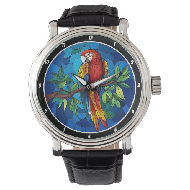 Relógio Vibrant Jungle Jewel" - Stained Glass Parrot Wall (Frente)