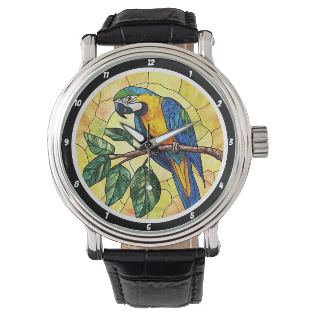 Relógio Vibrant Macaw Parrot and Tropical Leaves Design (Frente)