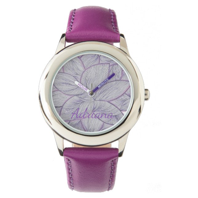 Relógio Vibrant Purple Flower Pattern Custom Name Watch (Frente)