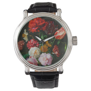 Relógio Vida Estática com Flores num Vaso de Vidro