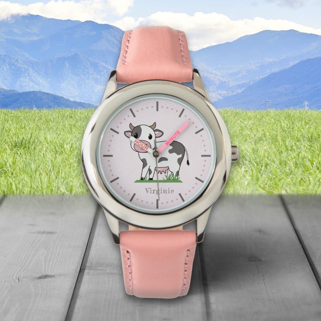 Relógio Vigia rosa-vaca branca (Cute Cow Pink Watch)