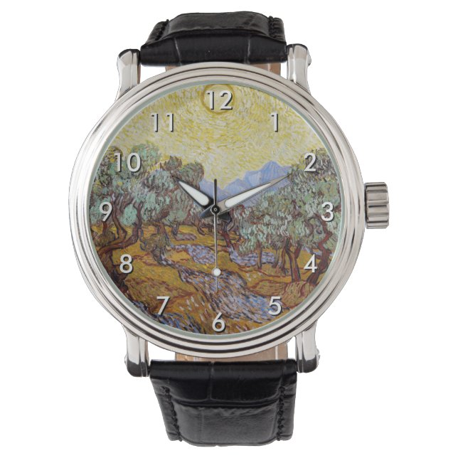 Relógio Vincent van Gogh - Oliveiras, céu amarelo e sol (Frente)