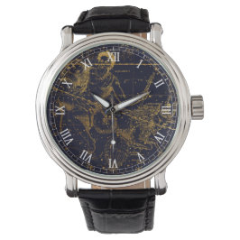 Relógio Vintage Blue Dourado Capricórnio Zodiac Constelaçã