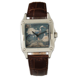 Relógio Vintage botânica, grua azul e lótus