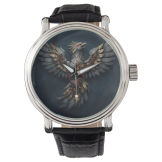 Relógio Vintage Cyber-Phoenix:Aged Gold & Neon Mythic Bird