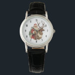 Relógio Vintage Santa Claus e Reindeer Christmas<br><div class="desc">Um relógio com uma ilustração de Natal divertida. Papai Noel em seu terno vermelho tradicional cavalgando uma rena grande e picada decorada com o Holly. Uma árvore de Natal nas costas.</div>