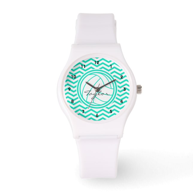 Relógio Voleibol Personalizado; Aqua Green Chevron (Frente)