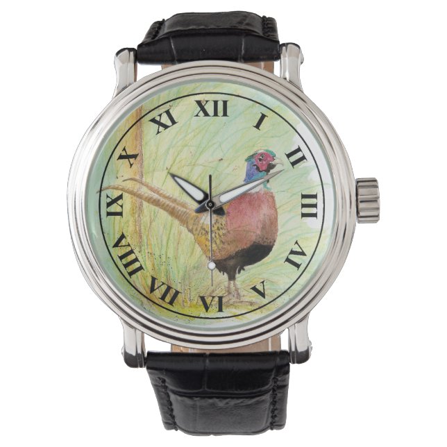 Relógio Watercolor Ring-Necked Pheasant Game Bird (Frente)