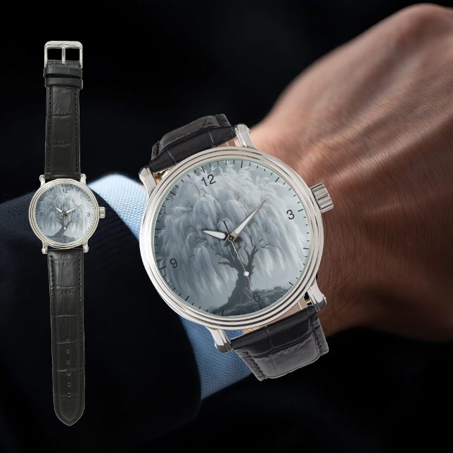 Relógio Weeping willow by a pond, black and white, custom  (Criador carregado)