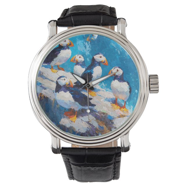 Relógio Whimsical Puffin Ocean Blue (Frente)