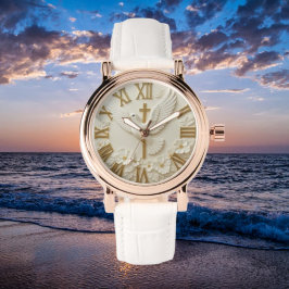 Relógio White dove golden cross religious faith Christian