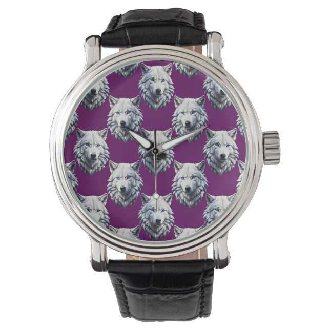 Relógio White Wolf Head Pattern Design Purple  (Frente)