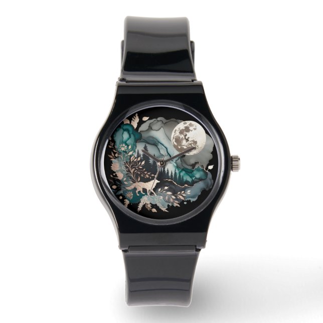 Relógio Wolf Landscape & Moon Teal Dourado (Frente)