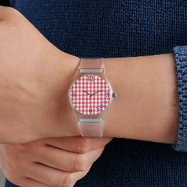 Relógio Women's Monogram Red White Gingham Clear Silicone