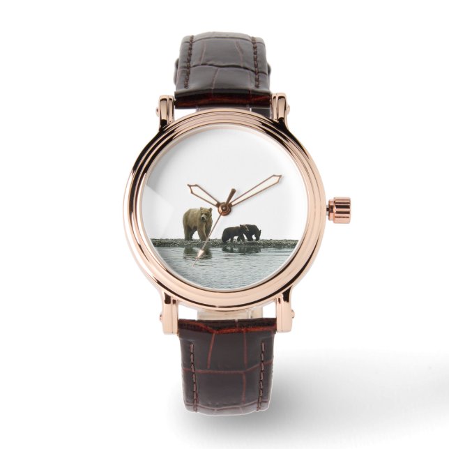 Relógio Women's Watch w/ urso grizzly & filhotes (Frente)