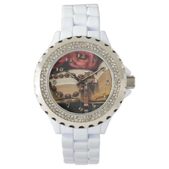 Relógio Wooden Rosary com Jesus na Cruz (Frente)