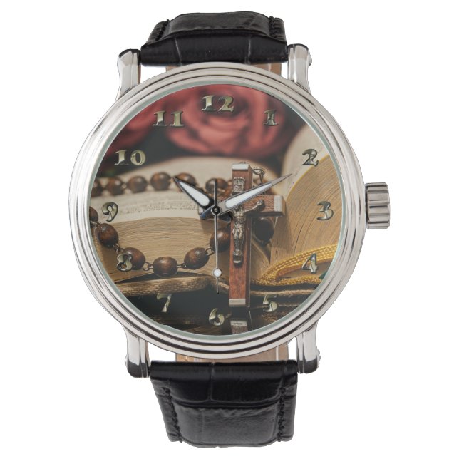 Relógio Wooden Rosary com Jesus na Cruz (Frente)