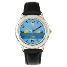 Yellow submarine and fish on blue