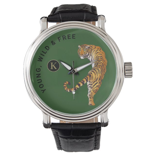 Relógio Young, Wild & Free Tiger Monogram Green Background (Frente)