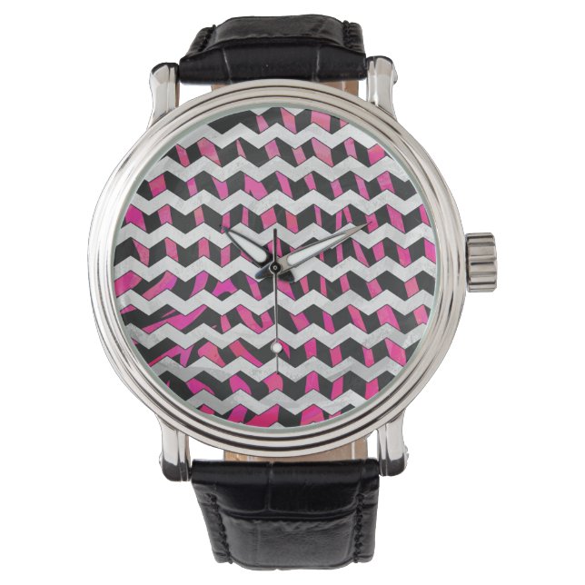Relógio Zebra Chevron Preto e Rosa Quente (Frente)