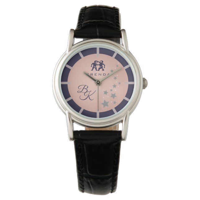 Relógio Zodiac Gemini Elegante Rosé Dark Blue Monograma (Frente)