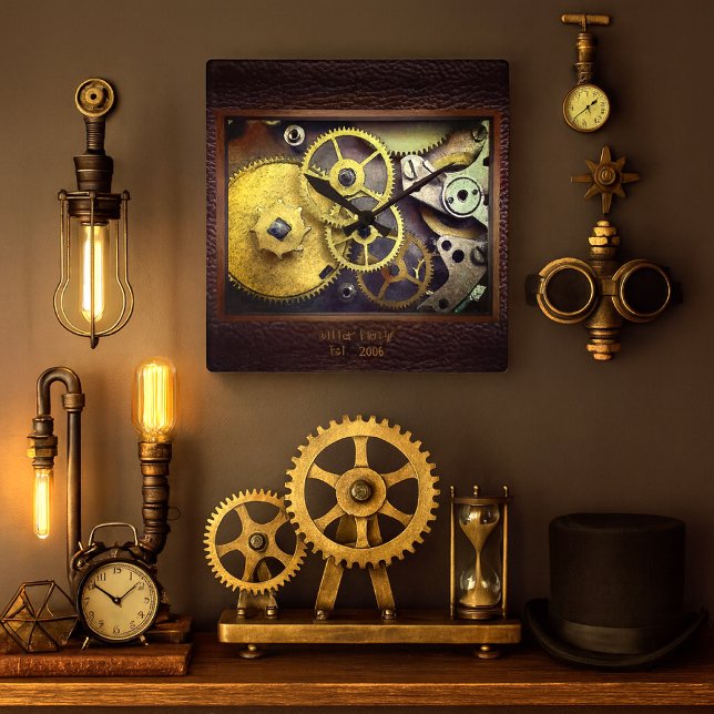 Relógios Personalizados com Relógio de Parede de C (Steampunk gear wall clock with personalized family name and date industrial  vintage elegance)