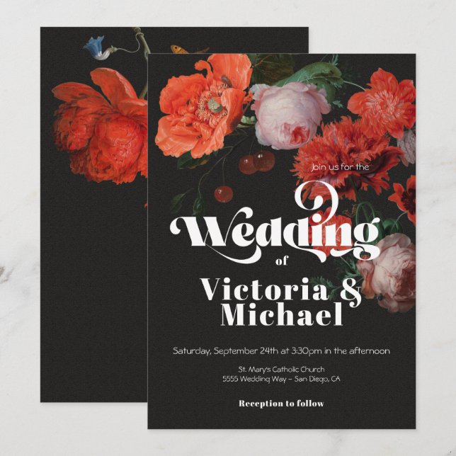 Rembrandt Floral Dark & Moody Wedding Convite (Frente/Verso)