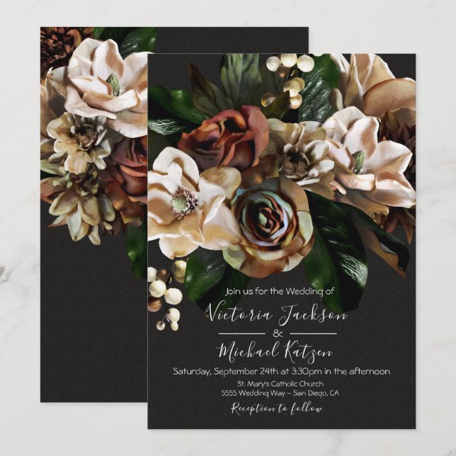 Rembrandt Floral Dark & Moody Wedding Convite (Frente/Verso)
