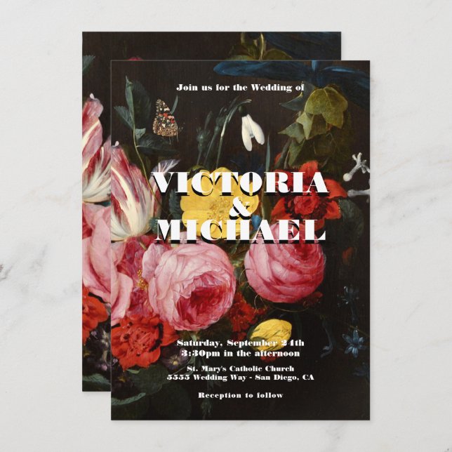 Rembrandt Floral Dark & Moody Wedding Convite (Frente/Verso)