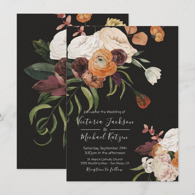 Rembrandt Floral Dark & Moody Wedding Convite (Frente/Verso)