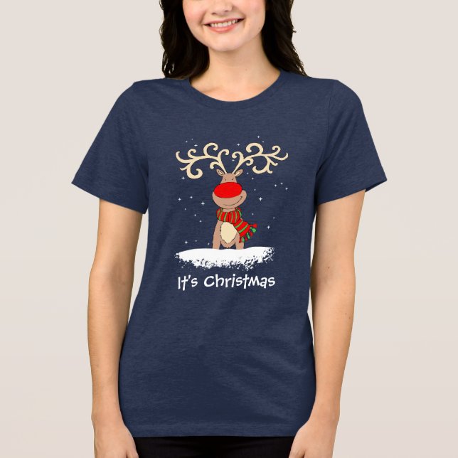 Rena de nariz vermelho É camiseta de Natal (Frente)