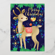 Rena de Natal com Pássaro. Azul.