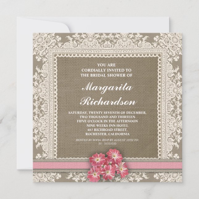renda burlap lace e flores cor-de-rosa convites pa (Frente)