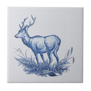 Repro 1876 Wedgwood Buck Deer w/Antlers Azulejo Bl