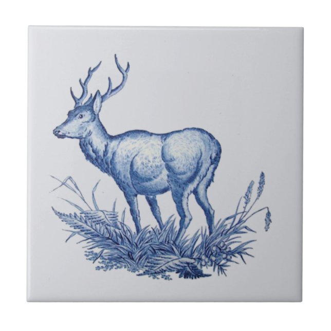 Repro 1876 Wedgwood Buck Deer w/Antlers Azulejo Bl (Frente)