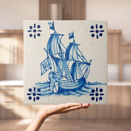 Repro Deftware Sail Ship Blue Delft Tile
