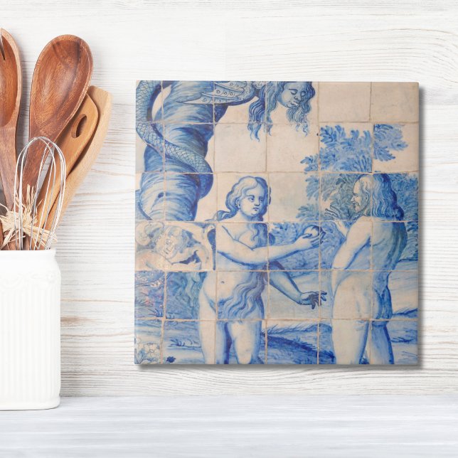 Repro Delft Azulejo Adam e Eve Picturesque cena (Repro Delft Tile Blue Adam and Eve biblical)