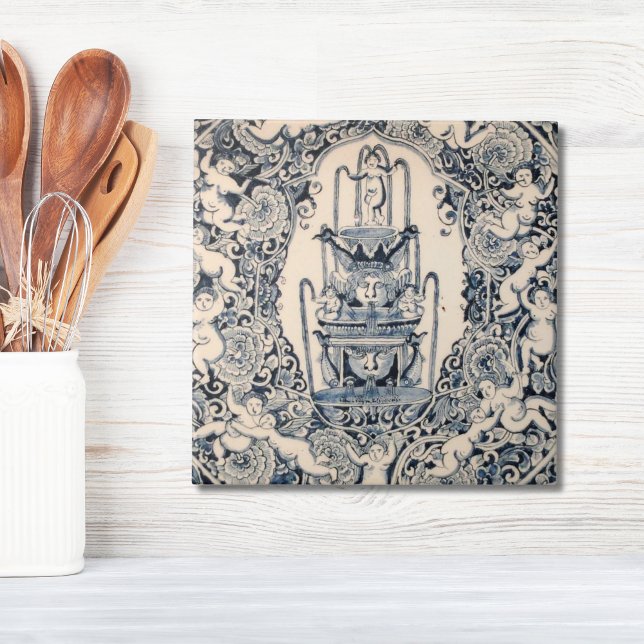 Repro Delft Azulejo Angels Fonte a cena pitoresca (Repro Delft Tile Blue cherub fountain renaissance)