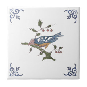 Repro Delft Bird on Branch w/Berries on White Azul