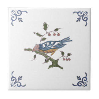 Repro Delft Bird on Branch w/Berries on White Azul