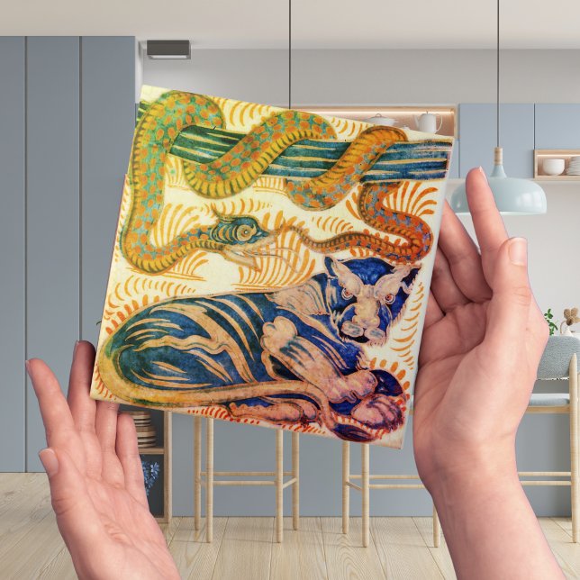 Repro Edwardian Art Nouveau Tiger Snake Tile (tiger and snake ceramic decorative tiles in art nouveau )