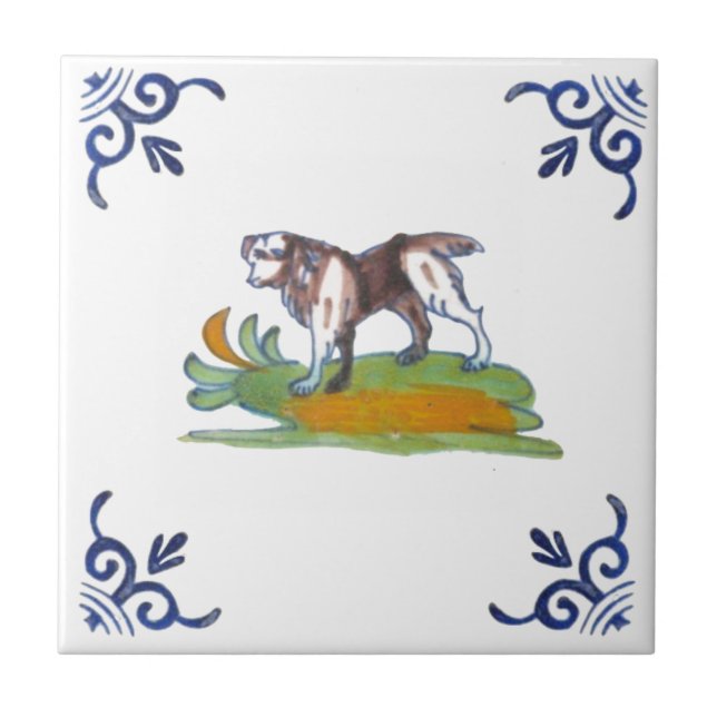 Repro o Azulejo de Cachorro Delft do Século 17 par (Frente)