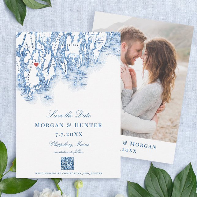 Reserve A Data 1774 Código QR Elegante do Mapa de Maine em Phipps (Phippsburg, Maine map save the dates perfect for your navy blue 1774 Inn destination wedding)