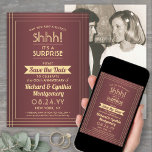 Reserve A Data 1 Foto de aniversário Surpresa do Partido Burgundy<br><div class="desc">Você pode guardar um segredo? Convide familiares e amigos para uma festa elegante e excitante de aniversário surpresa com fotos personalizadas burgundy e ouro para salvar os convites de data. Imagem e toda a redação desta modelo são simples de personalizar, incluindo a mensagem que diz "Shhh! É uma SURPRESA." O...</div>