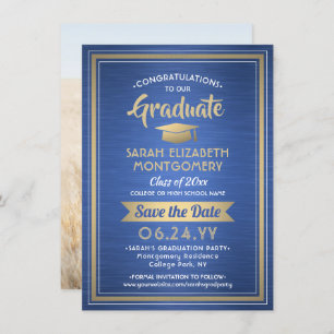 Reserve A Data 1 Graduação de Foto Elegante Azul Moderno Dourado
