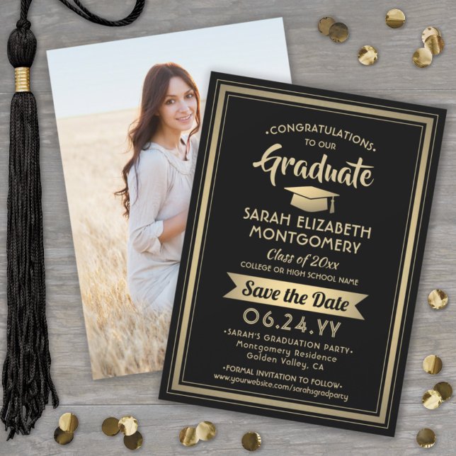 Reserve A Data 1 Photo Graduation Elegant Modern Black and Gold (Criador carregado)