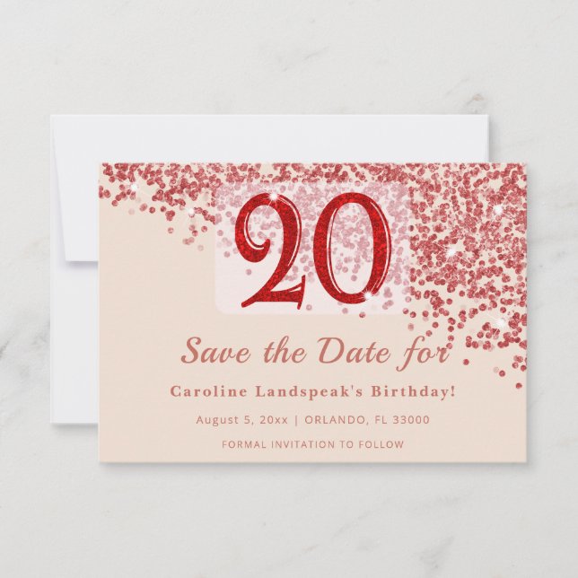 Reserve A Data 20º Aniversário Glitter Champagne Ruby Red Save th (Frente)